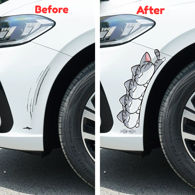 Cute Cat Car Decal – Scratch Cover Sticker for Car Body, Bumper & Fender, Waterproof, 3 Sizes & 4 Colors