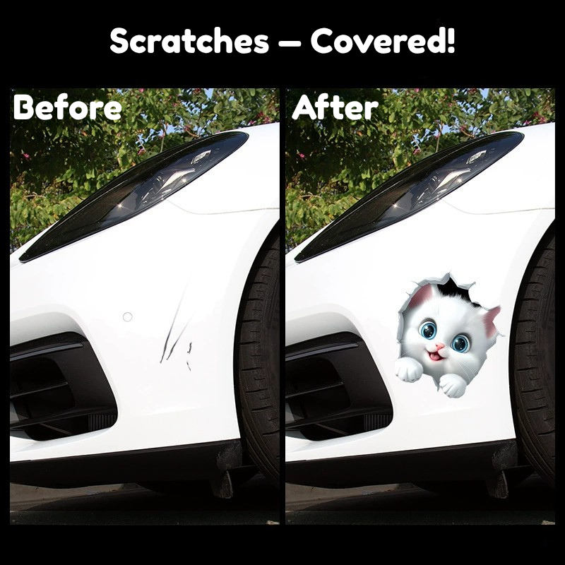 3D Cat Car Decal – Peeking Kitten Scratch Cover Sticker for Bumper & Car Body, Waterproof, 6 Styles & 3 Sizes