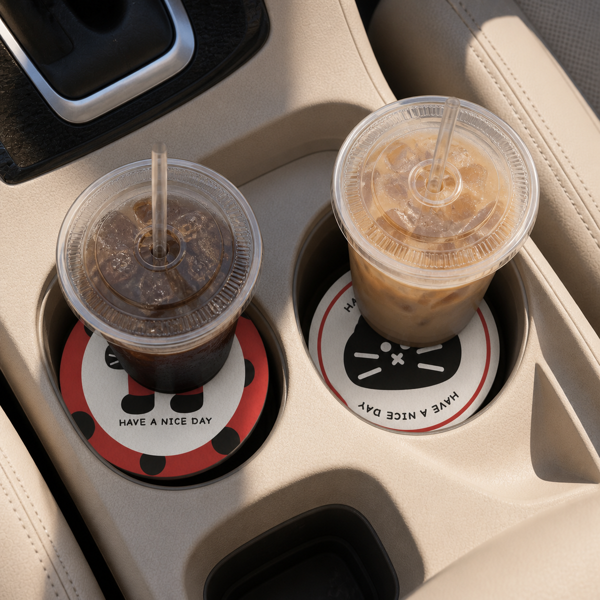 Cheeky Cat Leather Car Coasters, Set of 2