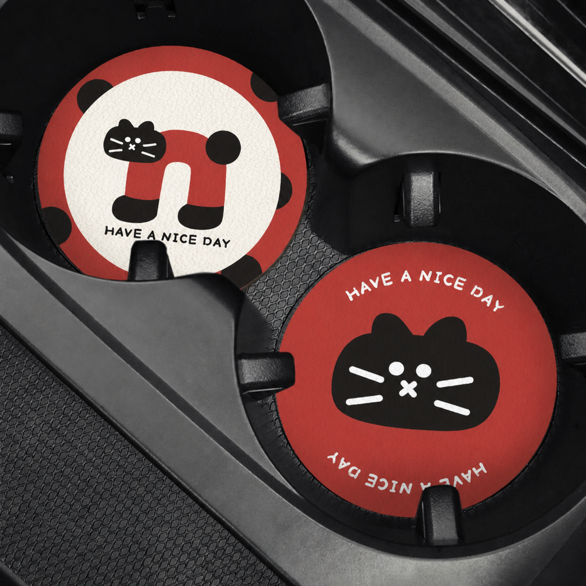 Cheeky Cat Leather Car Coasters, Set of 2