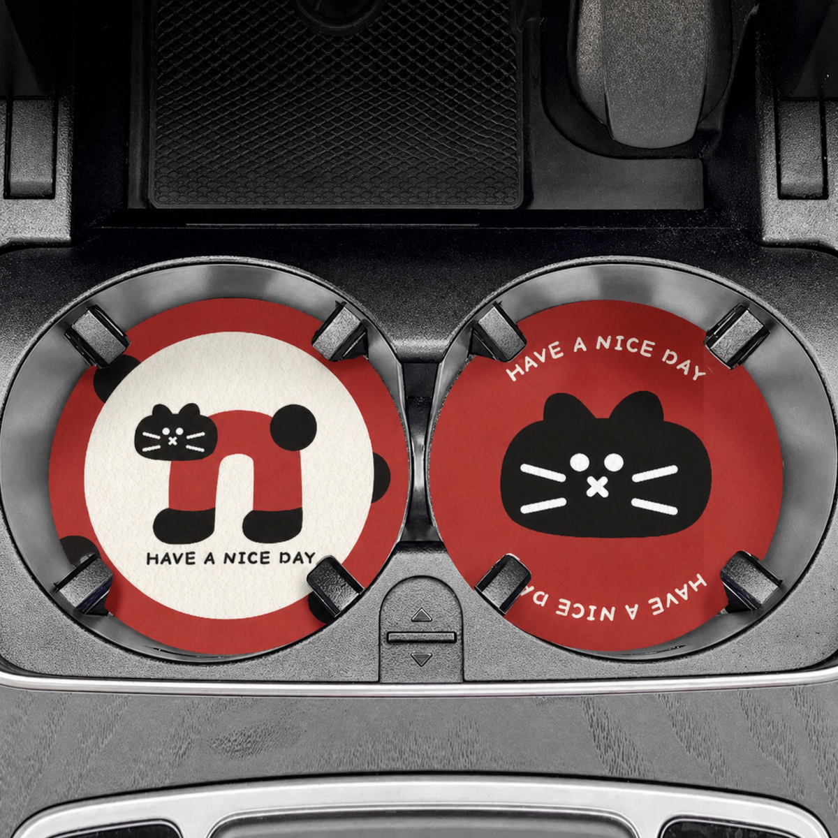 Cheeky Cat Leather Car Coasters, Set of 2