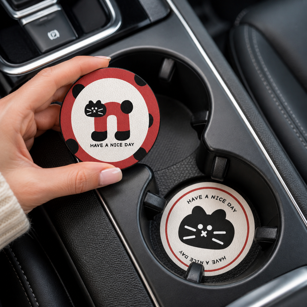 Cheeky Cat Leather Car Coasters, Set of 2