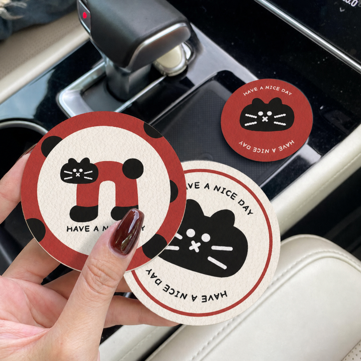 Cheeky Cat Leather Car Coasters, Set of 2