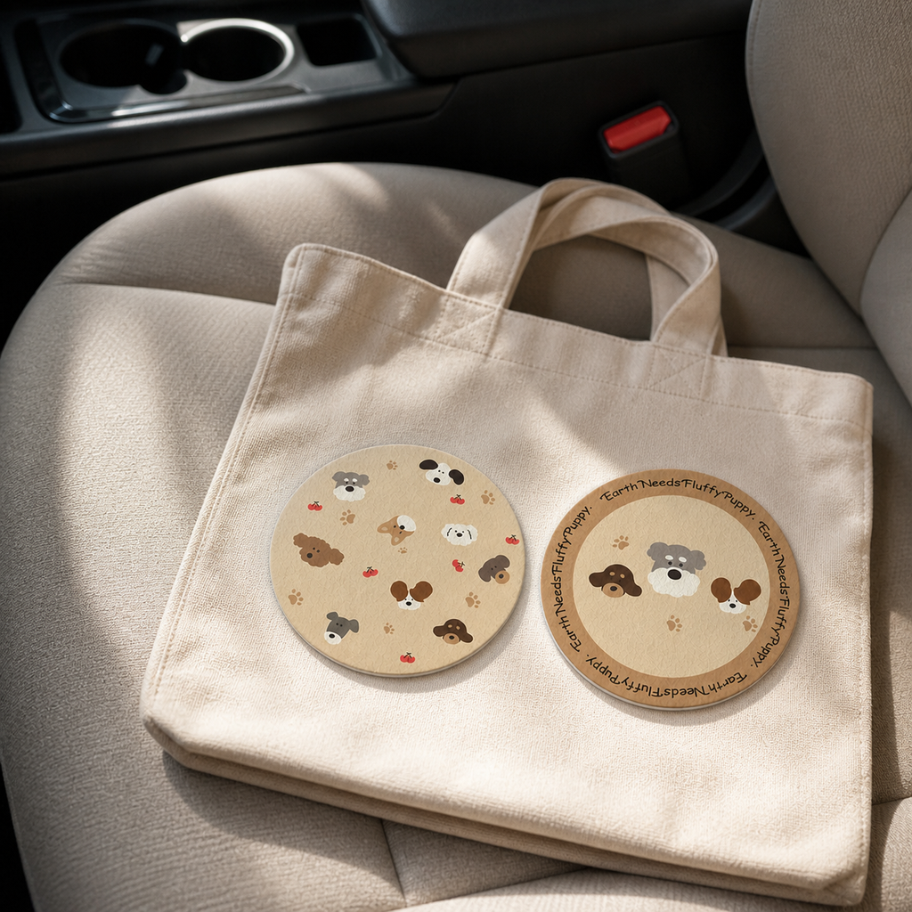 Puppy Family Leather Car Coasters, Set of 2