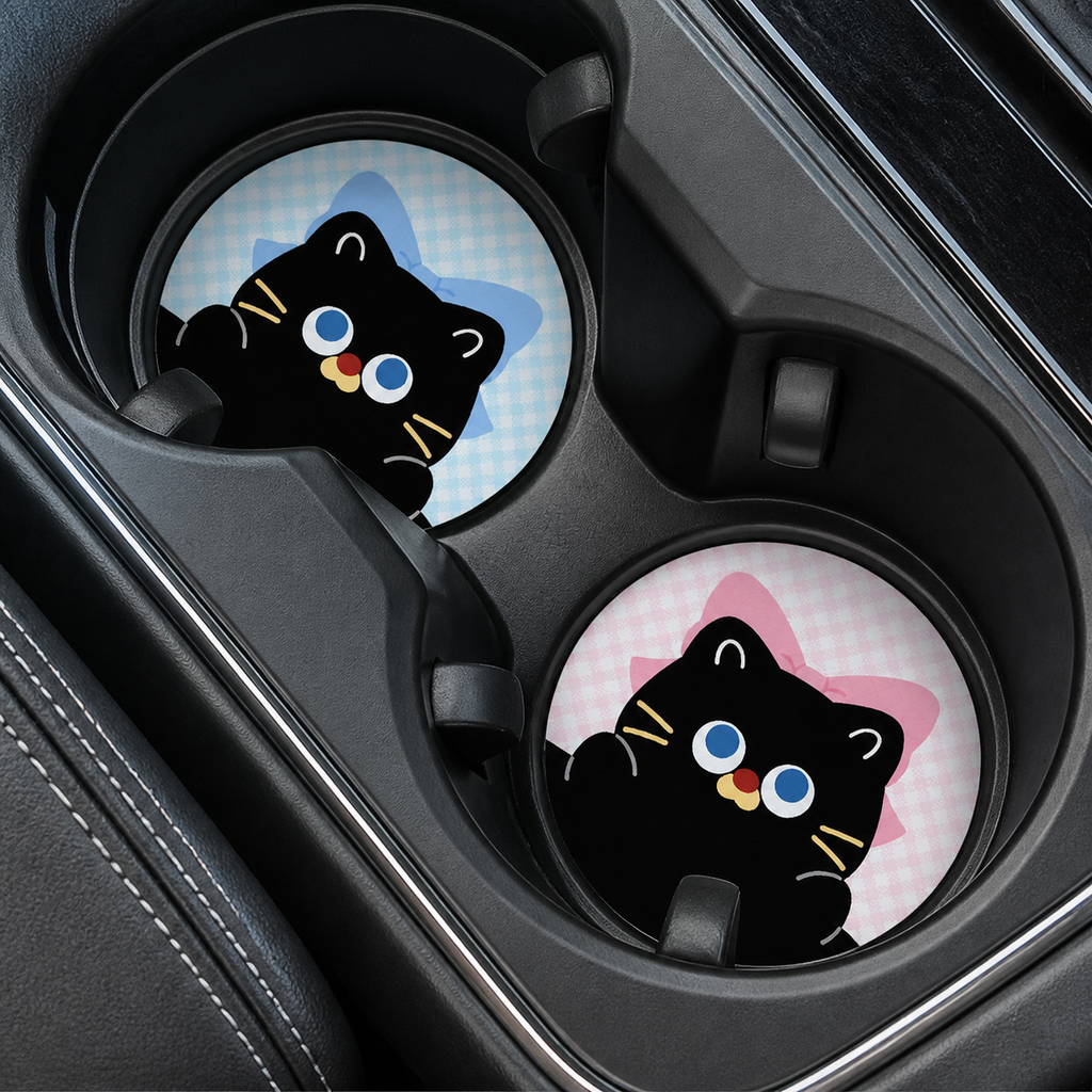 Peekaboo Cat Leather Car Coaster, set of 2