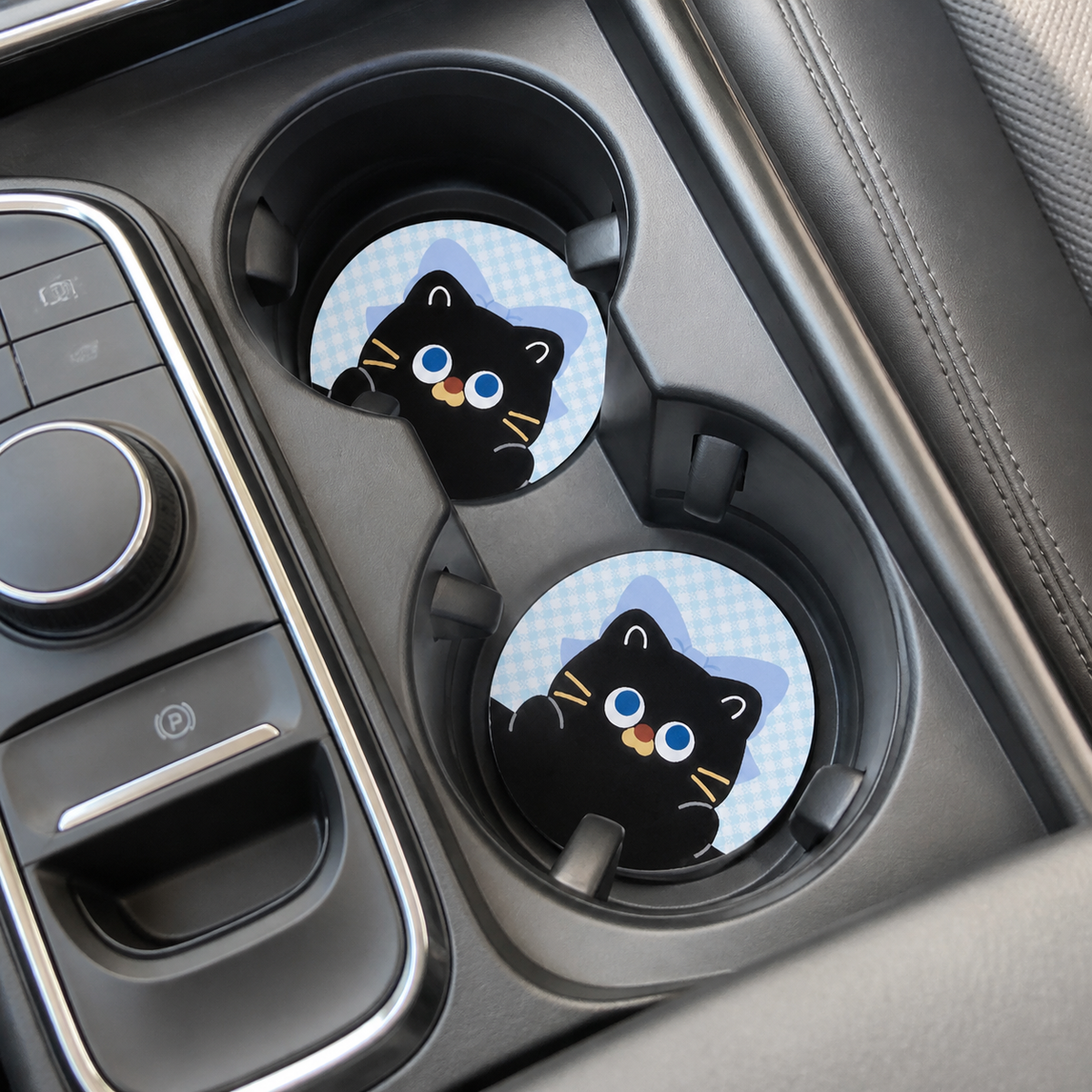 Peekaboo Cat Leather Car Coaster, set of 2