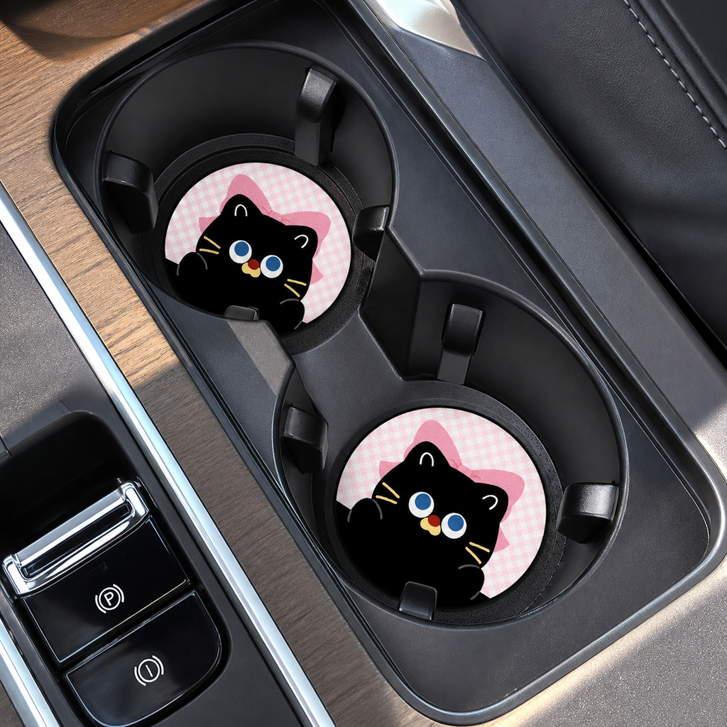 Peekaboo Cat Leather Car Coaster, set of 2