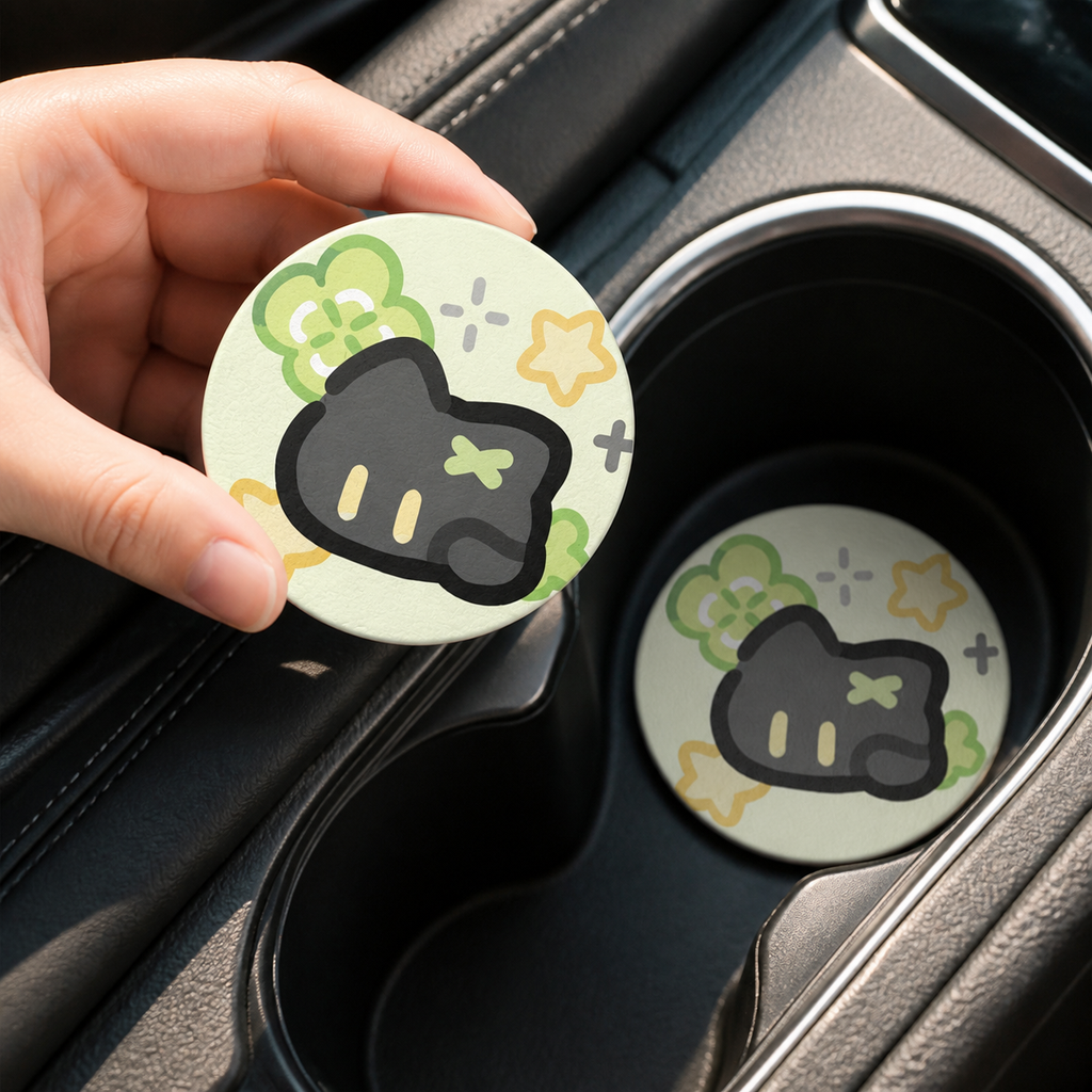 Floral Cat Leather Car Coaster, set of 2