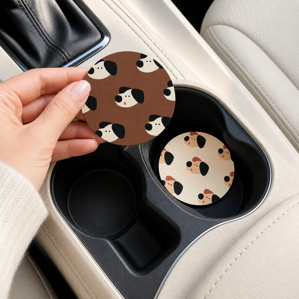 Beret Puppy Leather Car Coaster, set of 2