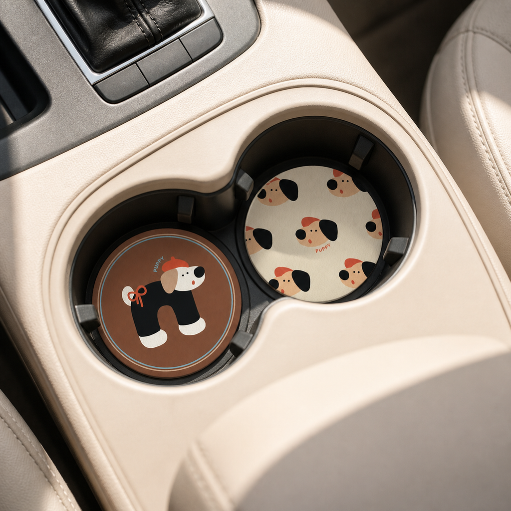 Beret Puppy Leather Car Coaster, set of 2