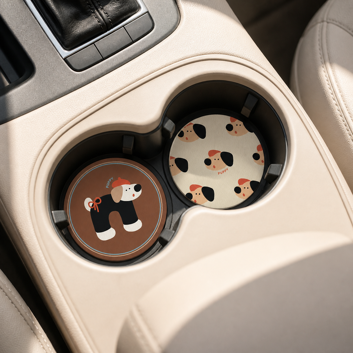 Beret Puppy Leather Car Coaster, set of 2