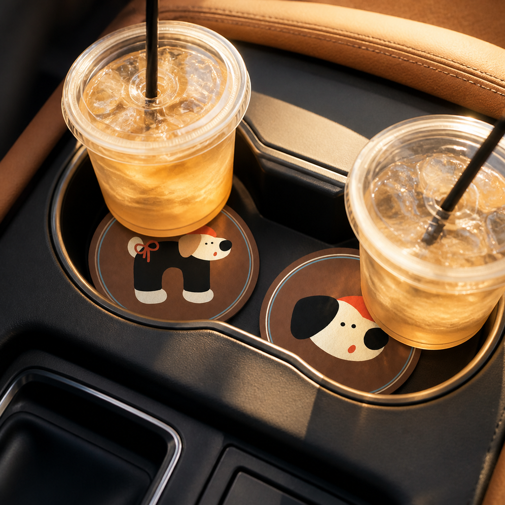 Beret Puppy Leather Car Coaster, set of 2
