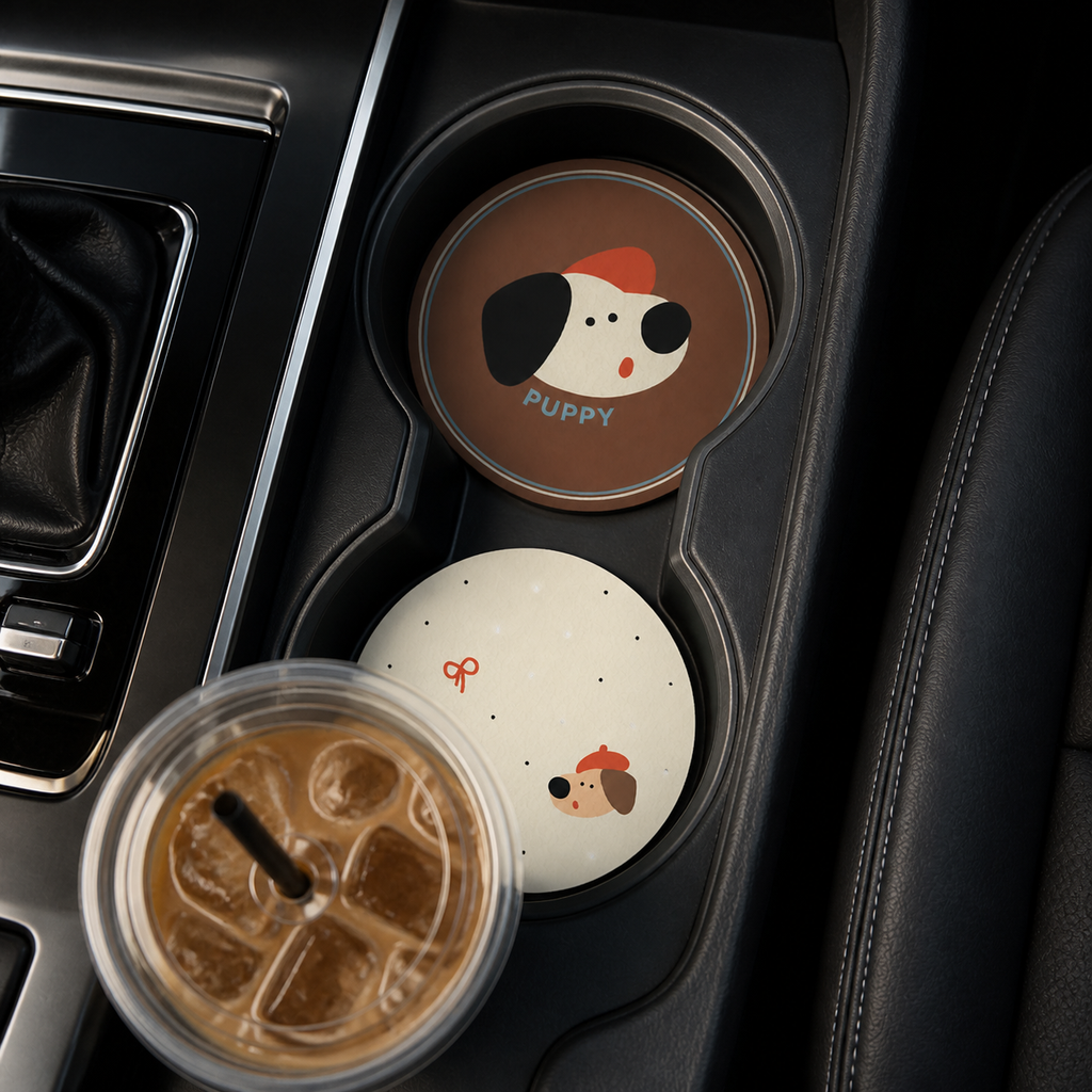 Beret Puppy Leather Car Coaster, set of 2