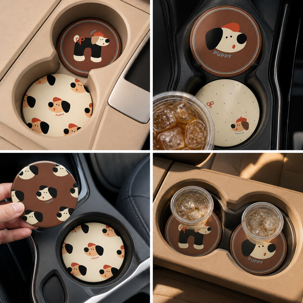 Beret Puppy Leather Car Coaster, set of 2