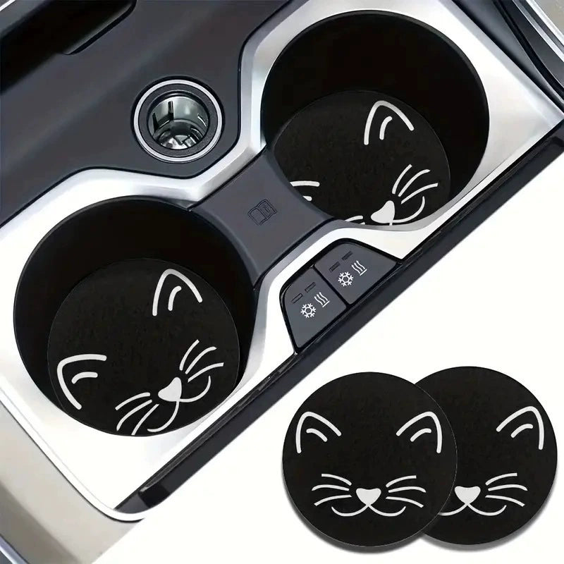 Minimalist Cat Face Leather Car Coaster - Set 2