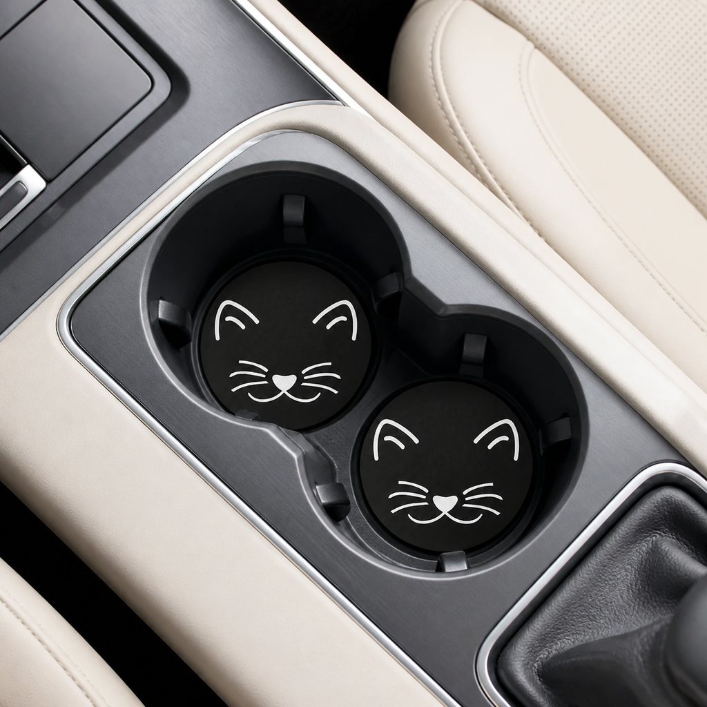 Minimalist Cat Face Leather Car Coaster - Set 2