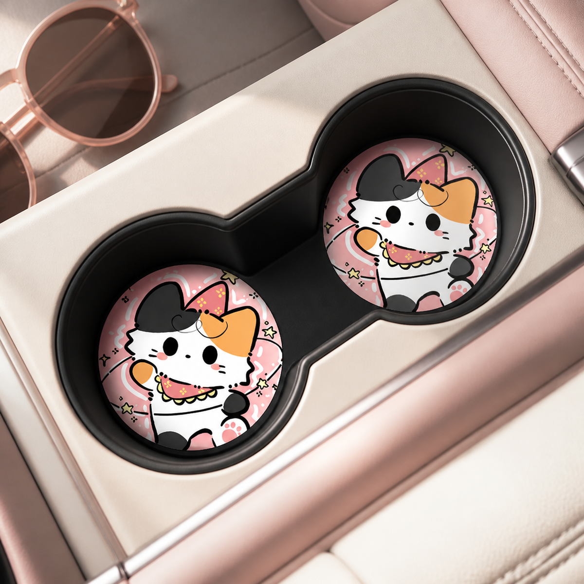 Calico Cat Adventures Leather Car Coaster - Set of 2
