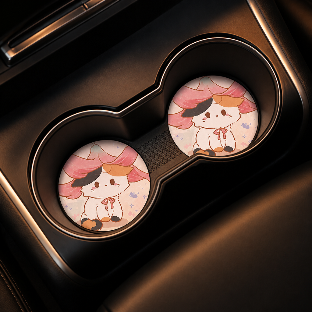 Calico Cat Adventures Leather Car Coaster - Set of 2
