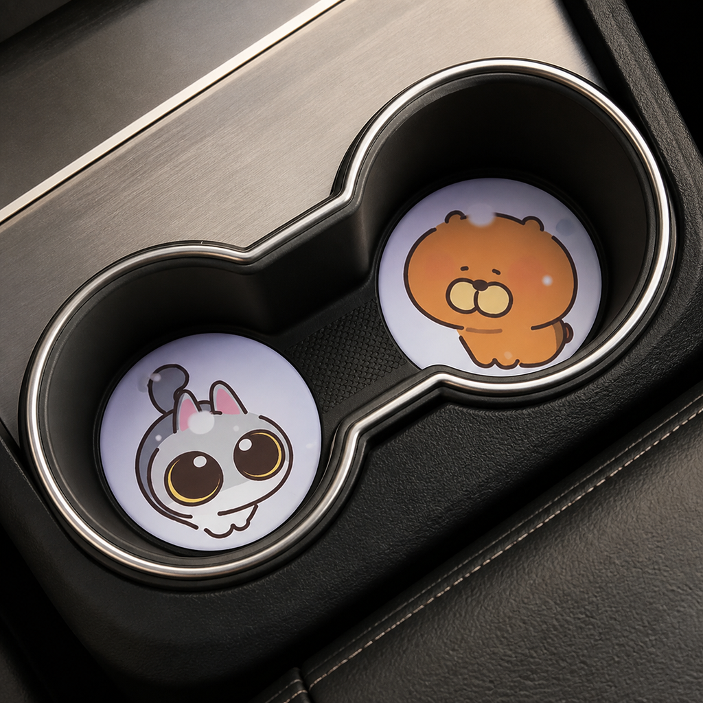 Bubbly Buddies Leather Car Coasters, Set of 2