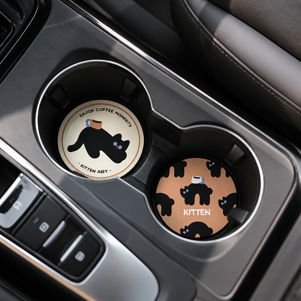 Abby Kitten Leather Car Coasters, Set of 2