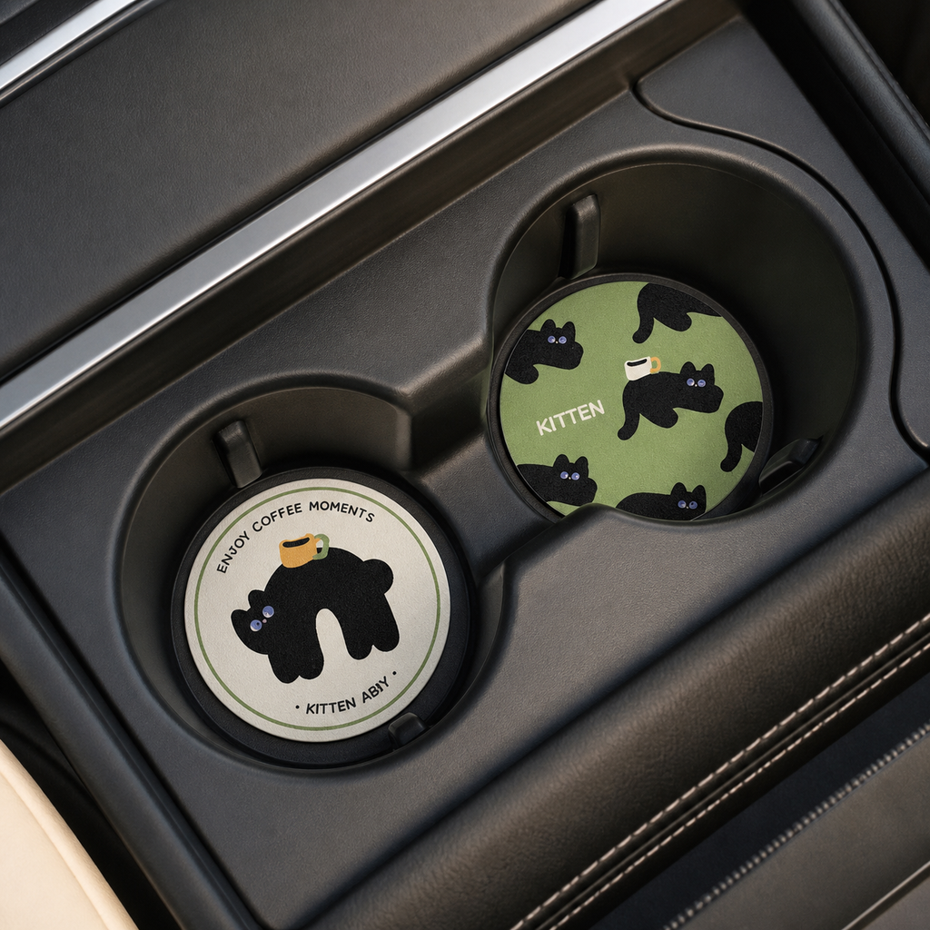 Abby Kitten Leather Car Coasters, Set of 2