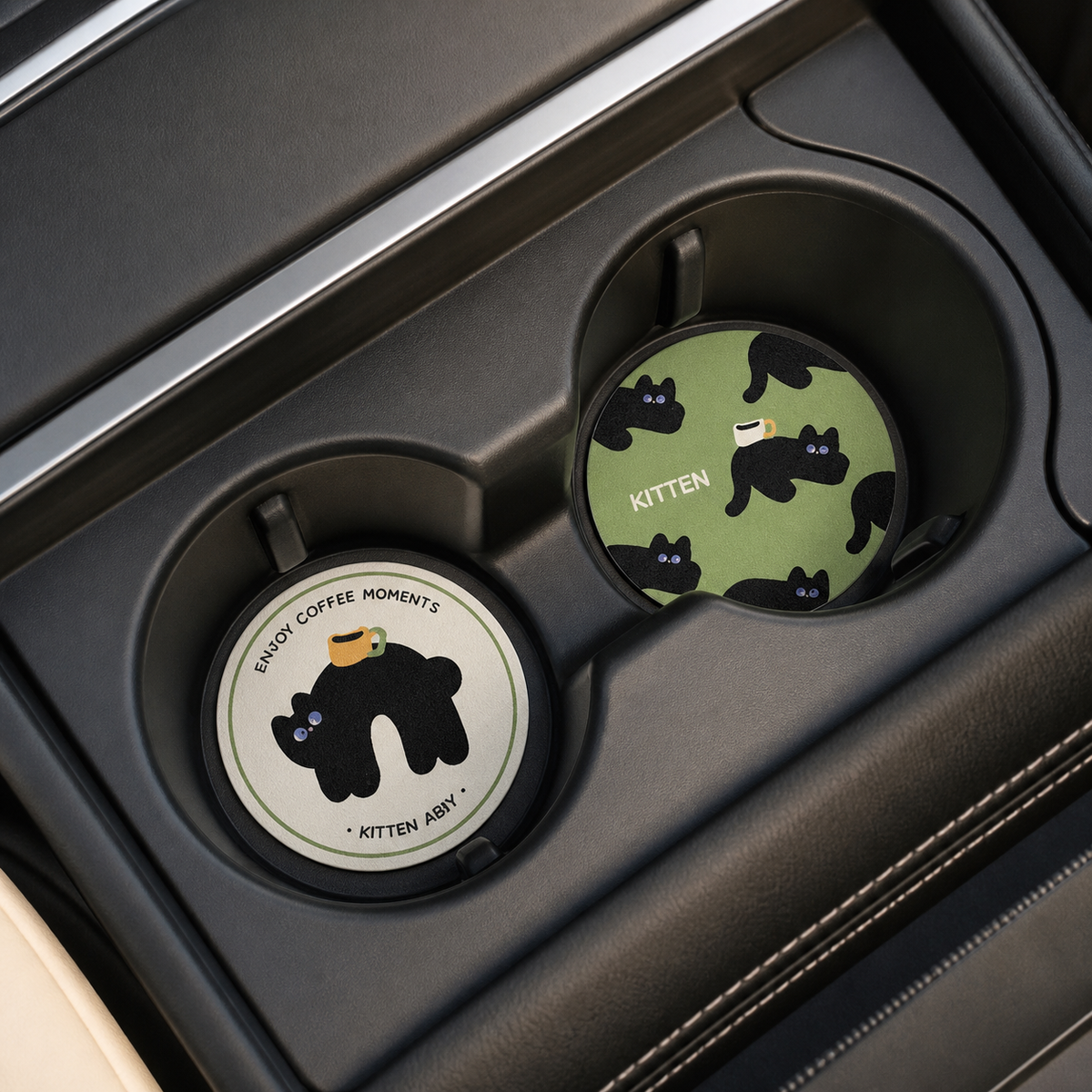 Abby Kitten Leather Car Coasters, Set of 2