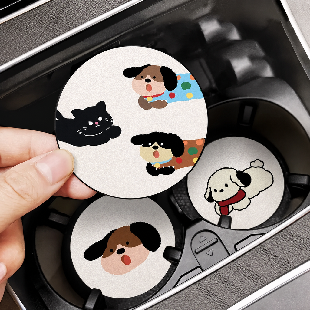 Happy Every Day Pet Leather Car Coaster, Set of 2