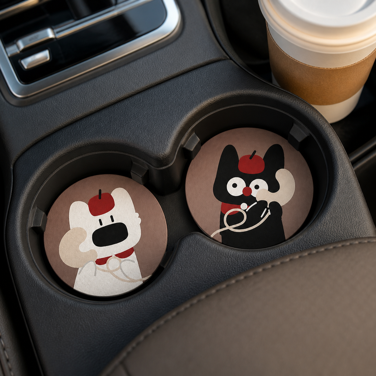 Beret Snack Buddies Leather Car Coaster, Set of 2