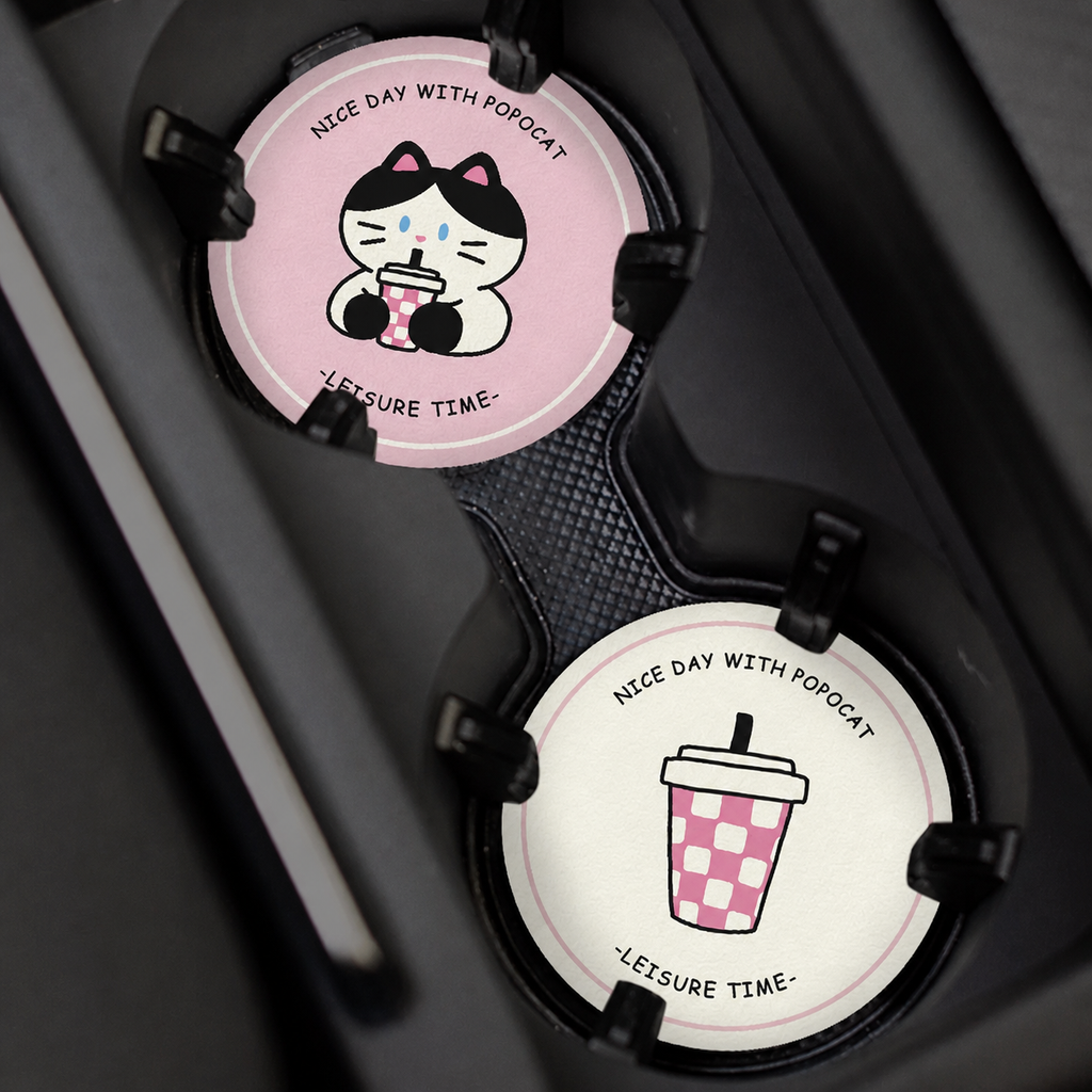Milk Tea Cat Leather Car Coasters, Set of 2