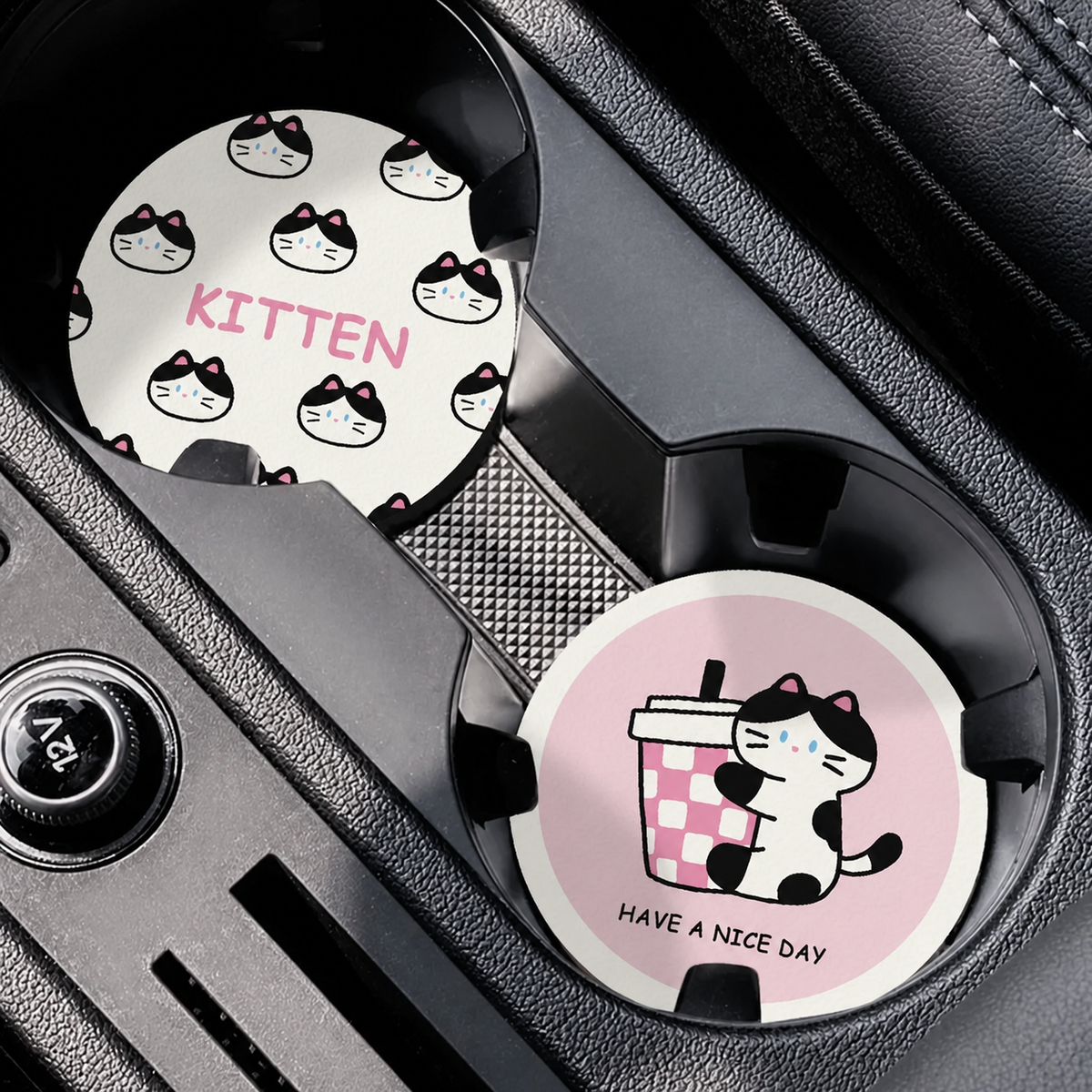 Milk Tea Cat Leather Car Coasters, Set of 2