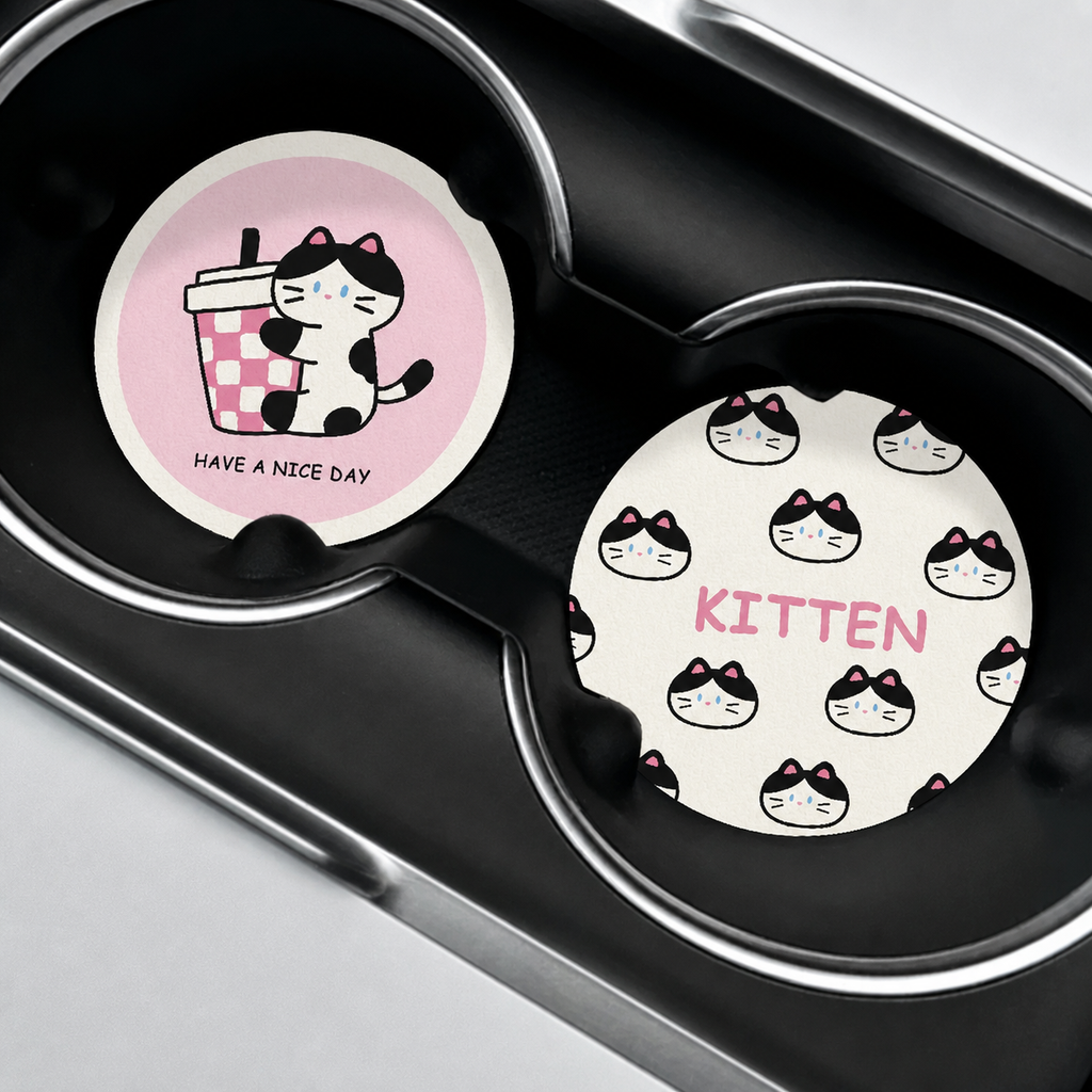 Milk Tea Cat Leather Car Coasters, Set of 2