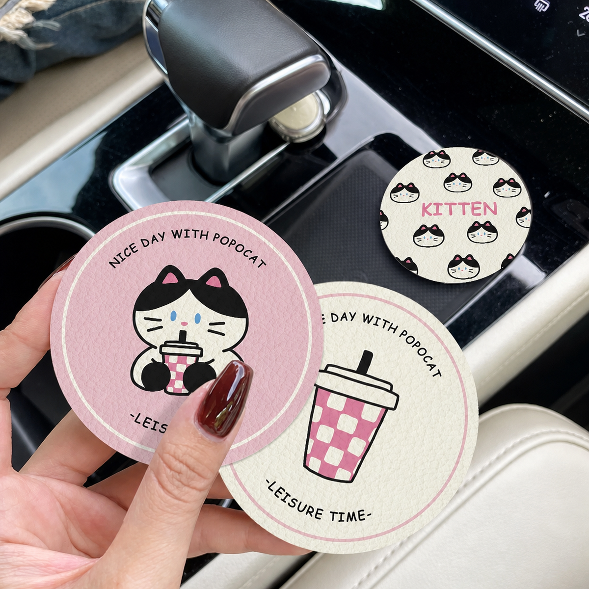 Milk Tea Cat Leather Car Coasters, Set of 2
