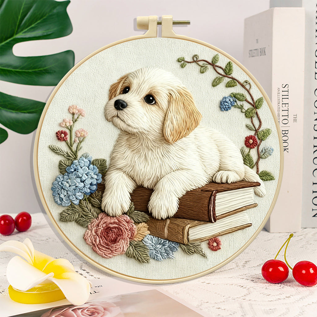 Puppy & Books Embroidery Kit – Beginner Friendly DIY Craft Set with Hoop, Vintage Floral Dog Pattern