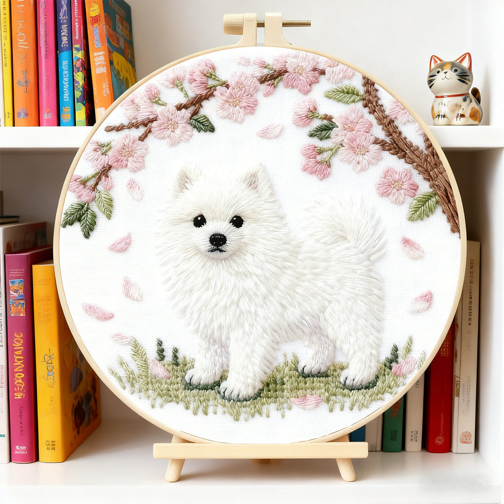 Fluffy Dog & Cherry Blossom Embroidery Kit – Beginner DIY Craft Set with Hoop, Spring Sakura Pattern
