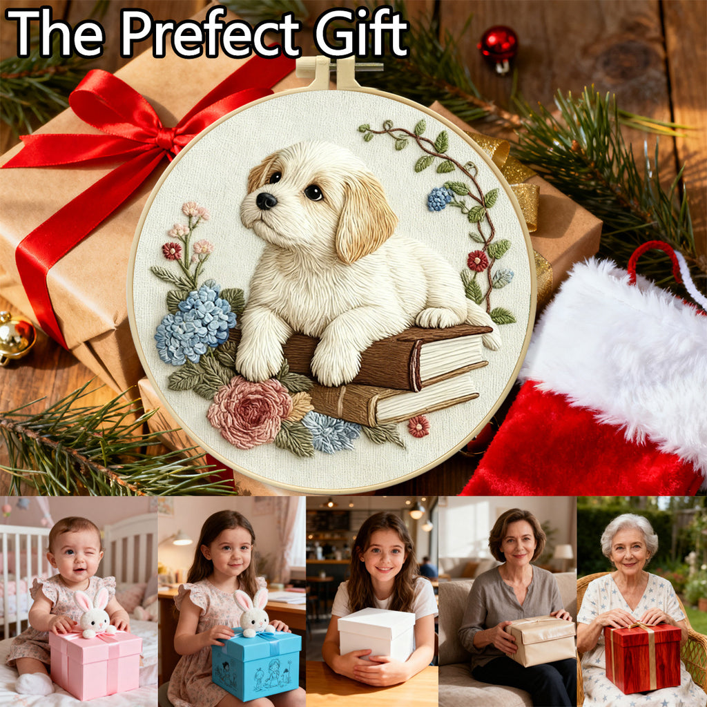 Puppy & Books Embroidery Kit – Beginner Friendly DIY Craft Set with Hoop, Vintage Floral Dog Pattern