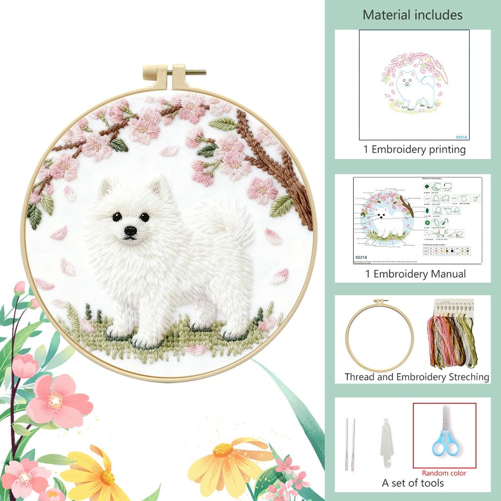 Fluffy Dog & Cherry Blossom Embroidery Kit – Beginner DIY Craft Set with Hoop, Spring Sakura Pattern