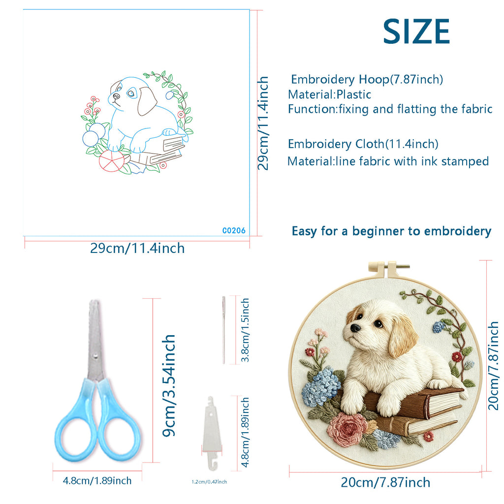 Puppy & Books Embroidery Kit – Beginner Friendly DIY Craft Set with Hoop, Vintage Floral Dog Pattern