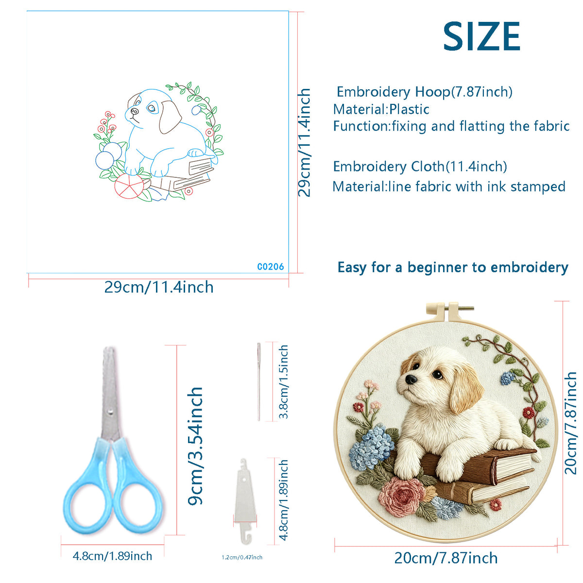 Puppy & Books Embroidery Kit – Beginner Friendly DIY Craft Set with Hoop, Vintage Floral Dog Pattern