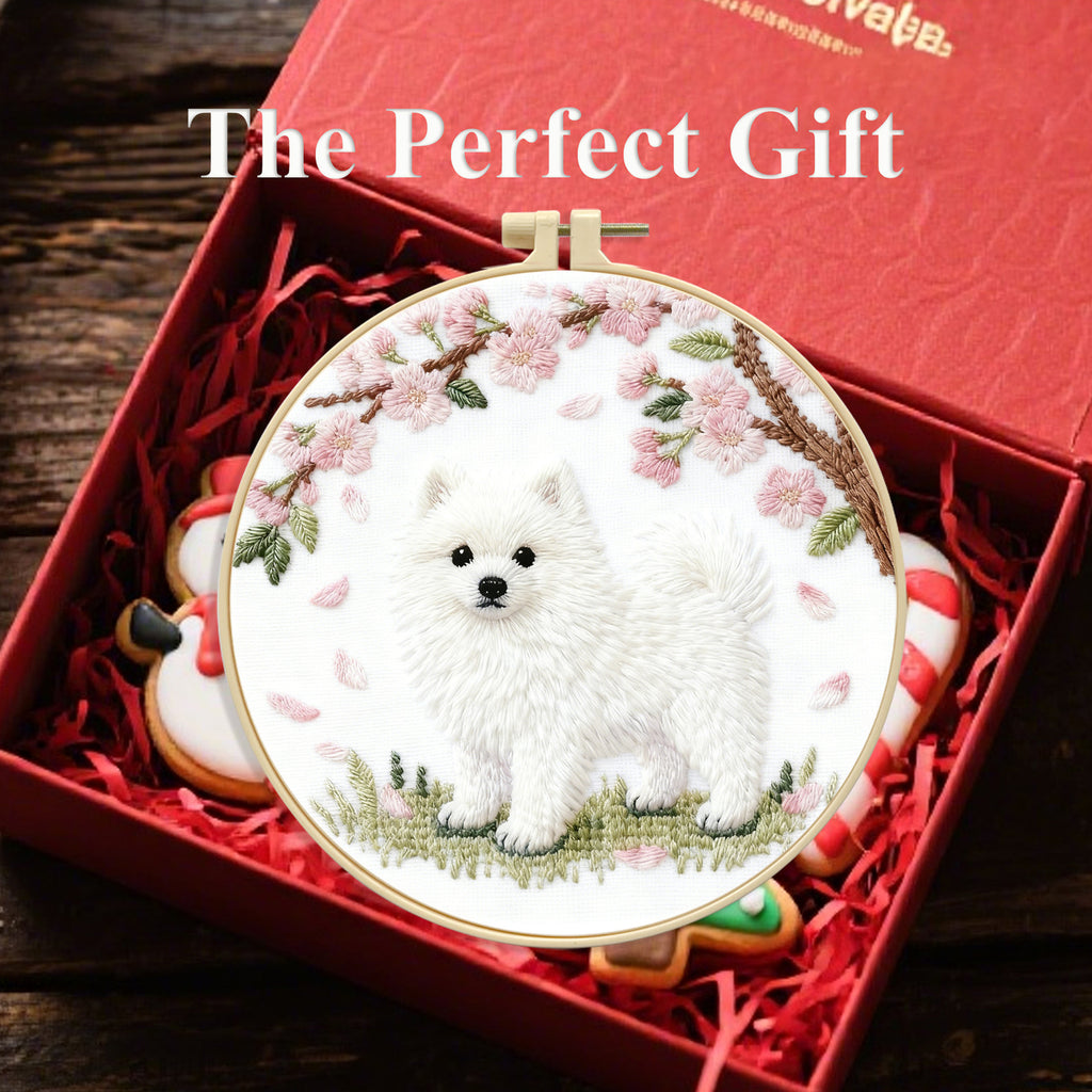 Fluffy Dog & Cherry Blossom Embroidery Kit – Beginner DIY Craft Set with Hoop, Spring Sakura Pattern