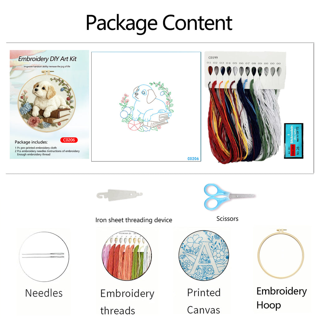 Puppy & Books Embroidery Kit – Beginner Friendly DIY Craft Set with Hoop, Vintage Floral Dog Pattern