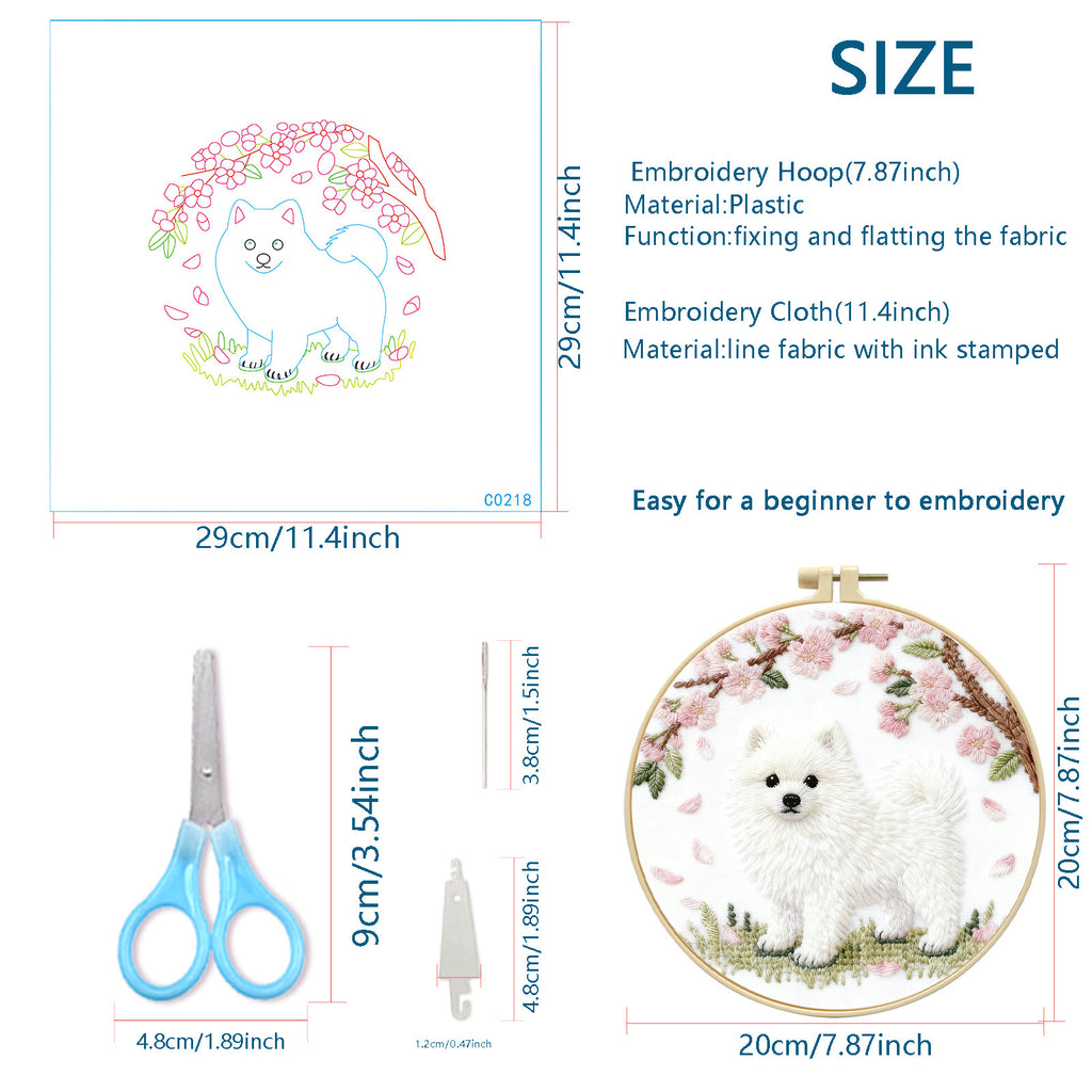 Fluffy Dog & Cherry Blossom Embroidery Kit – Beginner DIY Craft Set with Hoop, Spring Sakura Pattern