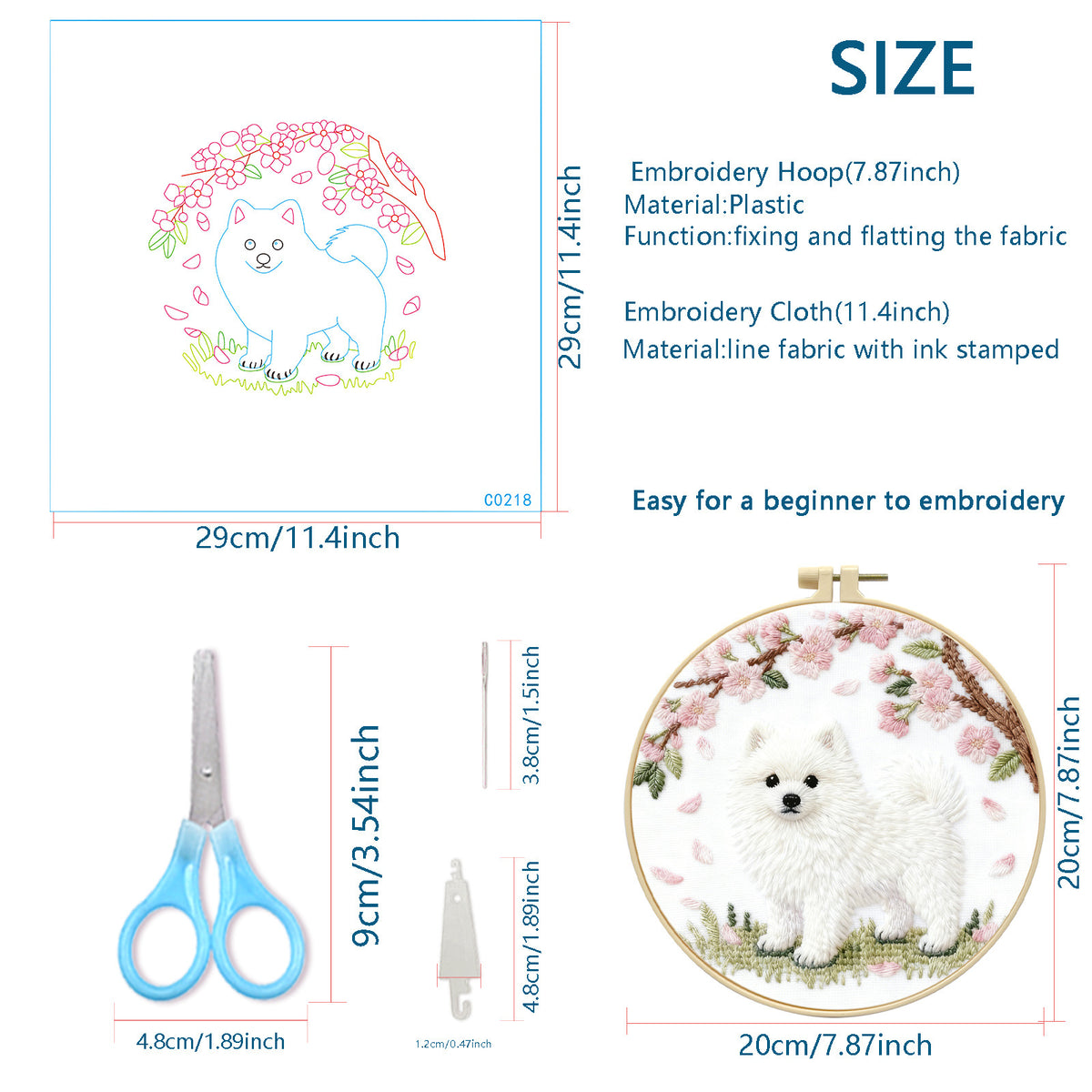 Fluffy Dog & Cherry Blossom Embroidery Kit – Beginner DIY Craft Set with Hoop, Spring Sakura Pattern