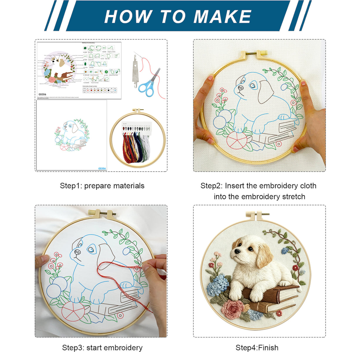 Puppy & Books Embroidery Kit – Beginner Friendly DIY Craft Set with Hoop, Vintage Floral Dog Pattern