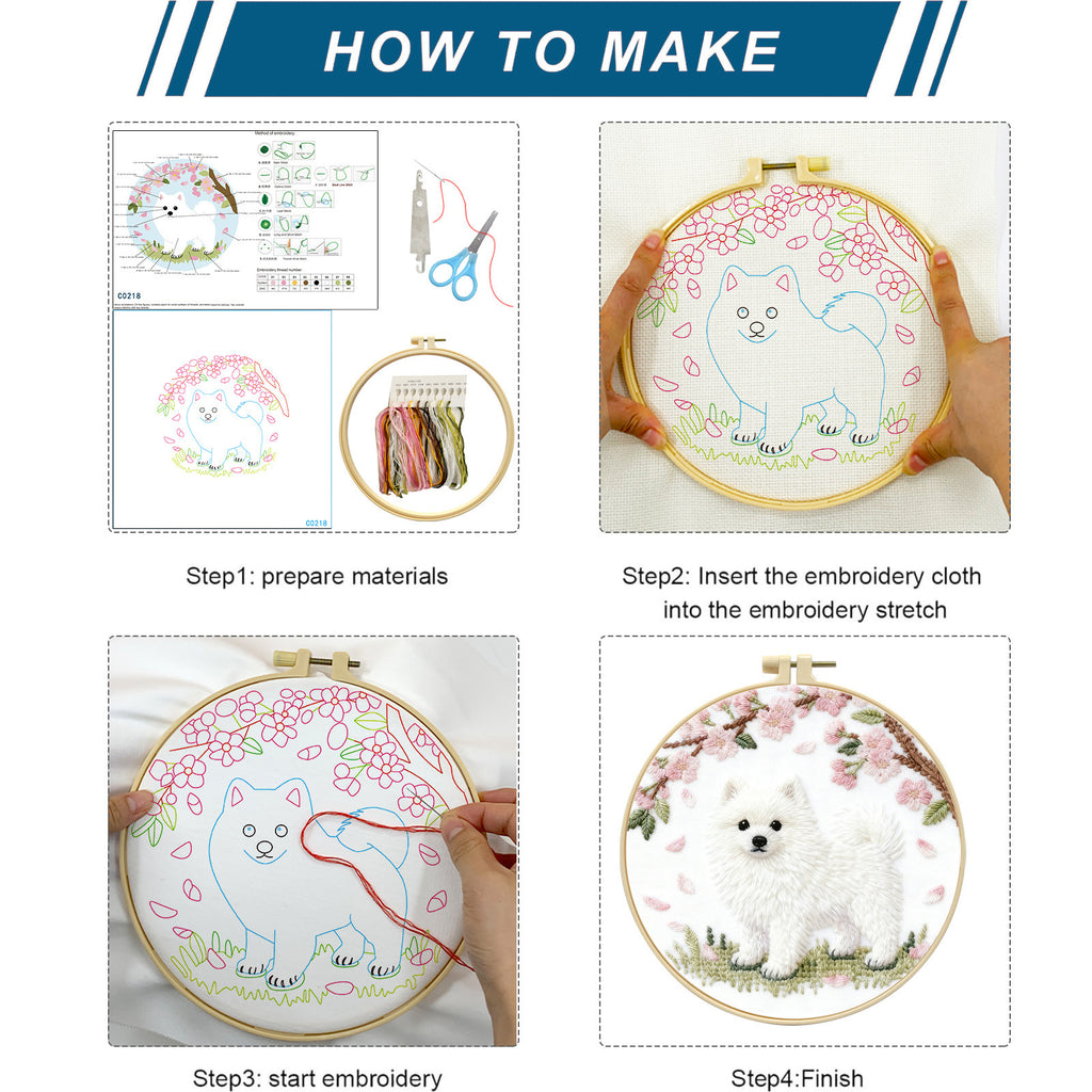 Fluffy Dog & Cherry Blossom Embroidery Kit – Beginner DIY Craft Set with Hoop, Spring Sakura Pattern