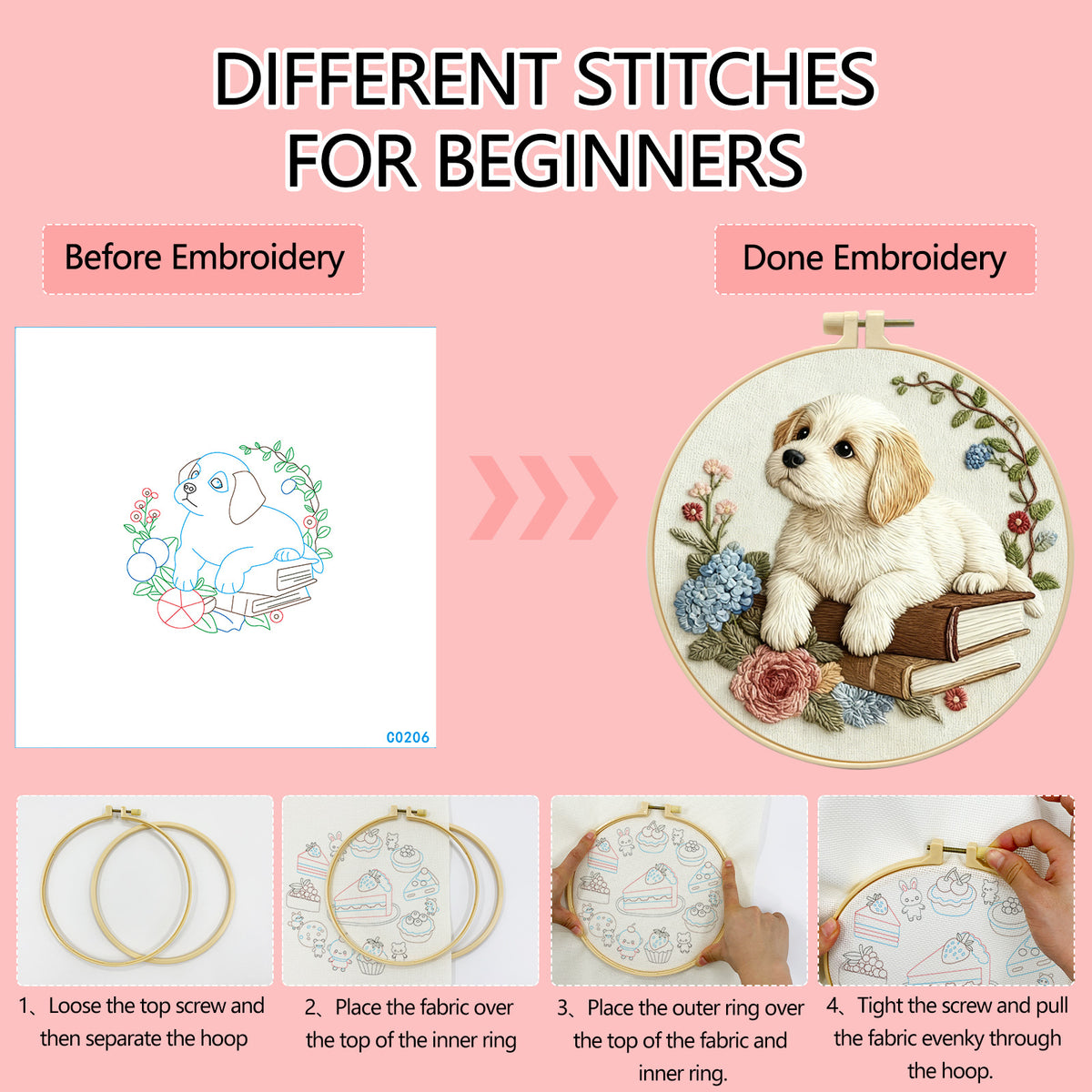 Puppy & Books Embroidery Kit – Beginner Friendly DIY Craft Set with Hoop, Vintage Floral Dog Pattern