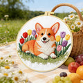 Corgi & Tulips Embroidery Kit – Beginner Friendly DIY Craft Set with Hoop, Smiling Dog Pattern
