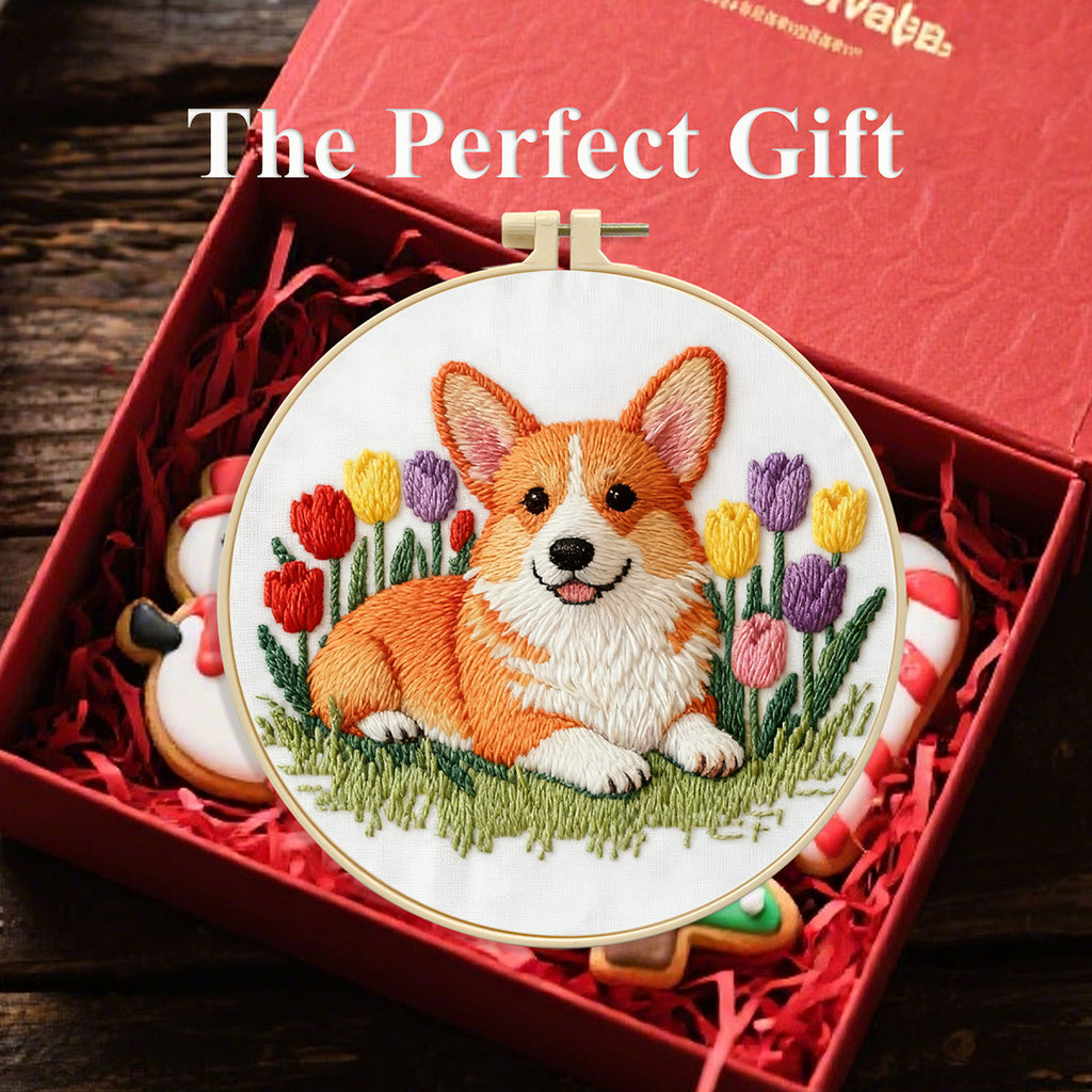 Corgi & Tulips Embroidery Kit – Beginner Friendly DIY Craft Set with Hoop, Smiling Dog Pattern
