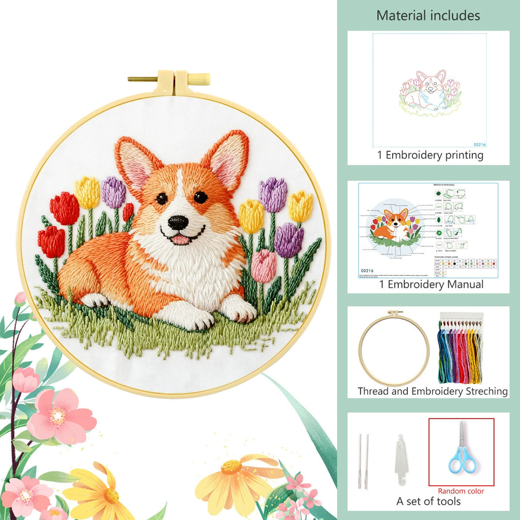 Corgi & Tulips Embroidery Kit – Beginner Friendly DIY Craft Set with Hoop, Smiling Dog Pattern