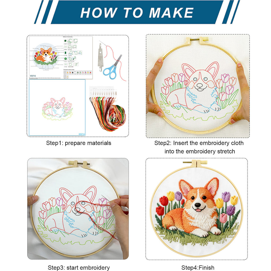 Corgi & Tulips Embroidery Kit – Beginner Friendly DIY Craft Set with Hoop, Smiling Dog Pattern