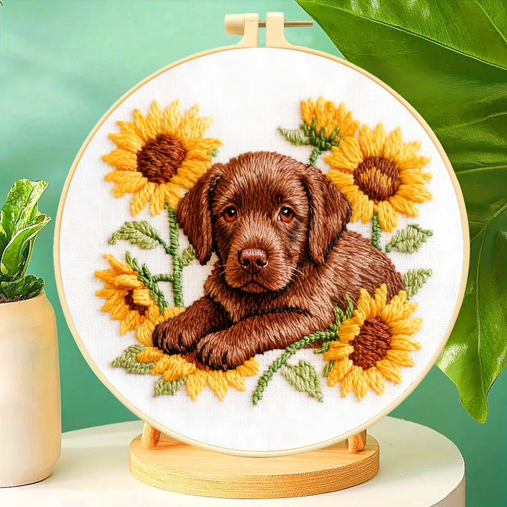 Chocolate Lab & Sunflowers Embroidery Kit – Beginner DIY Craft Set with Hoop, Labrador Puppy Pattern